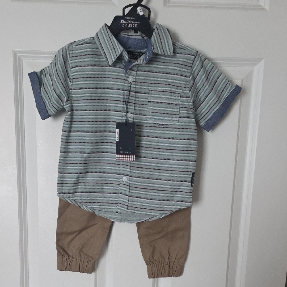 Ben Sherman Green Striped Button Down Shirt with Brown Pants